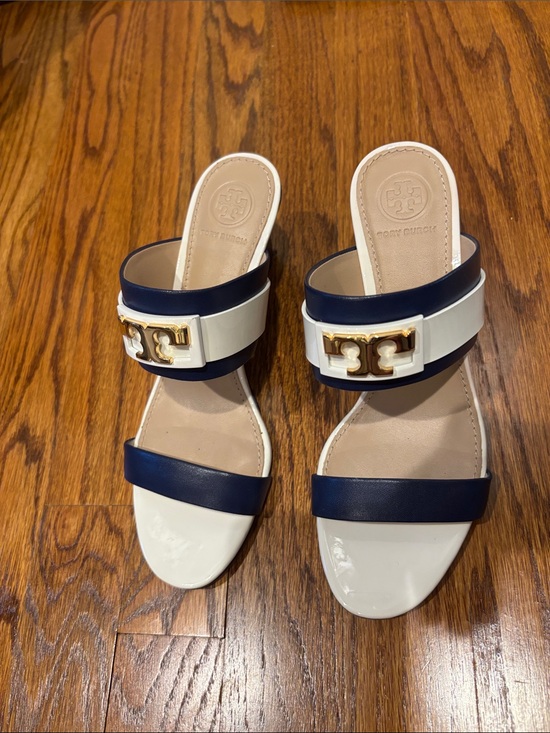 Tory Burch Shoes - Tory Burch Navy and White Double Strap Logo Slide Mules